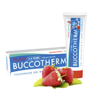 BUCCOTHERM® „My First“ - Kinder-Zahnpasta / -Zahngel (2-6 Jahre), Erdbeere oder Mango, mit Thermalwasser, 50 ml
